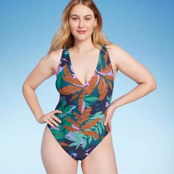Shade & Shore NEW Shirred Plunge One Piece Swimsuit Floral Print Women’s Sz 14 - Picture 1 of 6